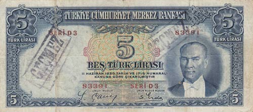 Turkey, 5 Lira, 1937, FINE, p127, 