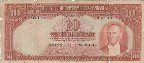 Turkey, 10 Lira, 1938, POOR, p128, ... 