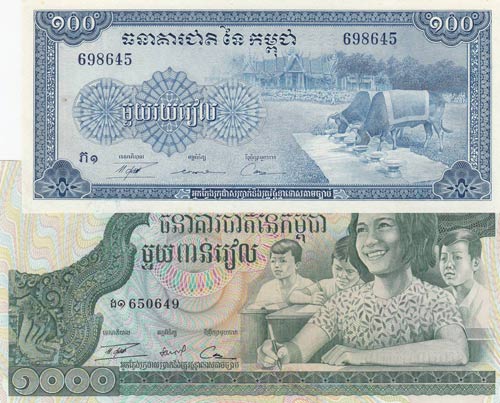 Cambodia, 100 Riels and 1.000 ... 