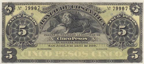 Costa Rica, 5 Pesos, 1899, UNC, ... 