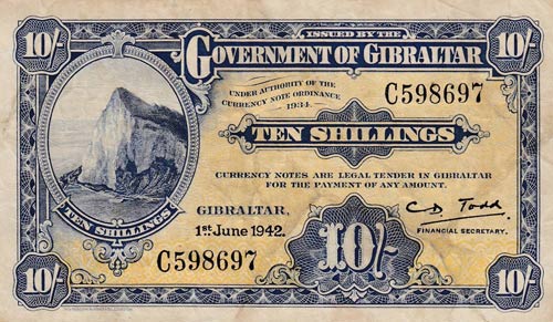 Gibraltar, 10 Shillings, 1942, VF ... 