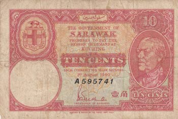 Sarawak, 10 Cents, 1940, FINE, ... 