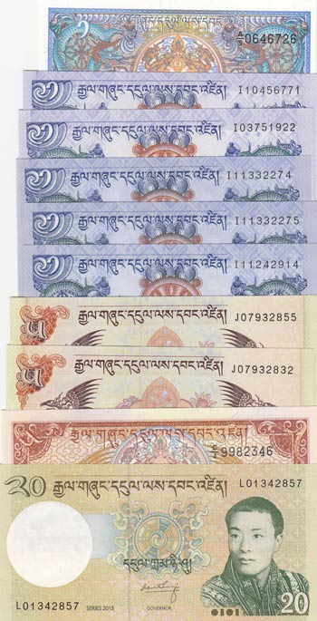 Bhutan, UNC, (Total 10 banknotes) ... 