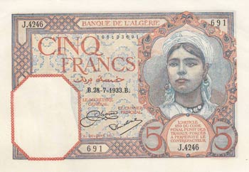 Algeria, 5 Francs, 1933, XF, p77  
