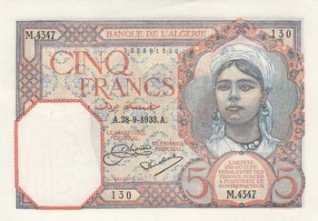 Algeria, 5 Francs, 1933, XF, p77  ... 