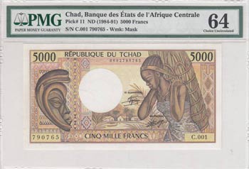 Chad, 5.000 Farncs, 1984-91, UNC, ... 