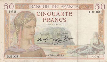 France, 50 Francs, 1938, VF, p85b  ... 