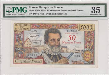 France, 5.000 Francs, 1959, VF, ... 