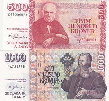 Iceland, 500-1.000 Kronur, 2001, ... 