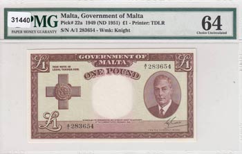 Malta, 1 Pound, 1949, UNC, p22a  ... 
