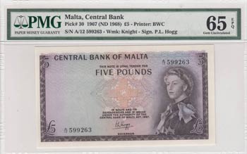 Malta, 5 Pounds, 1967, UNC, p30  ... 