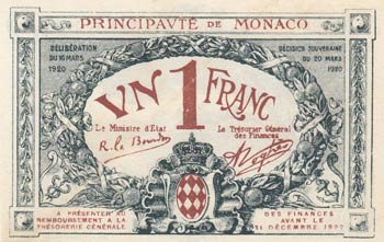 Monaco, 1 Franc, 1920, XF, p5  