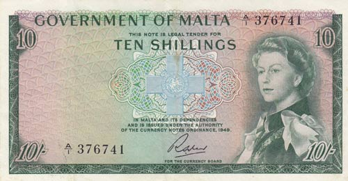 Malta, 10 Shillings, 1963, XF,p25a