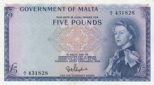 Malta, 5 Pounds, 1961, AUNC,p27a