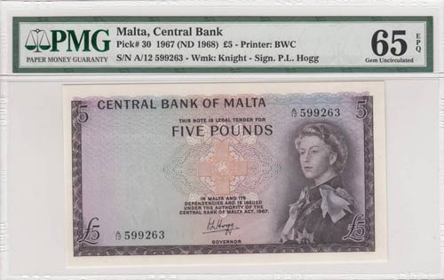 Malta, 5 Pounds, 1967, UNC,p30