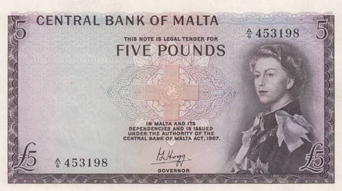 Malta, 5 Pounds, 1968, UNC,p30a