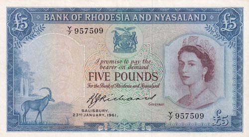 Rhodesia & Nyasaland, 5 Pounds, ... 