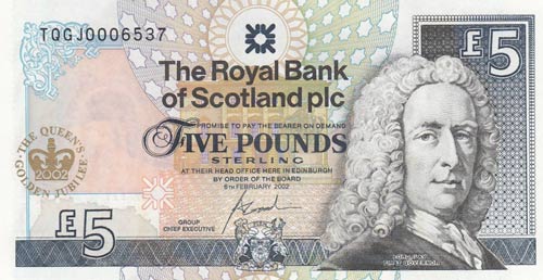 Scotland, 5 Pounds, 2002, UNC,p362