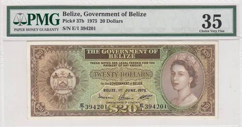 Belize, 20 Dollars, 1975, VF,p37b