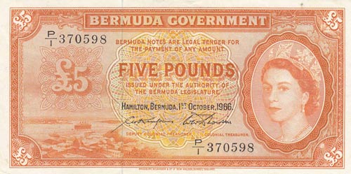Bermuda, 5 Pounds, 1966, XF,p21d
