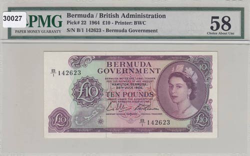 Bermuda, 10 Pounds, 1964, AUNC,p22a