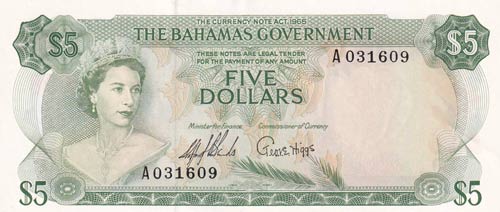 Bahamas, 5 Dollars, 1965, UNC,p20a