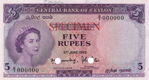 Ceylon, 5 Rupees, 1952, UNC,p52s, ... 