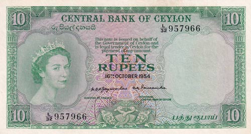 Ceylon, 10 Rupees, 1954, UNC,p55b