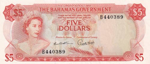 Bahamas, 5 Dollars, 1965, UNC,p21a