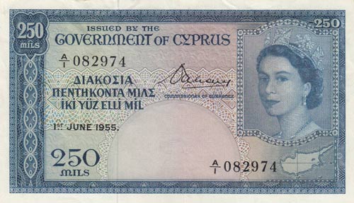 Cyprus, 250 Mils, 1955, XF (+),p33a