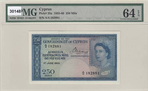 Cyprus, 250 Mils, 1955, UNC,p33a