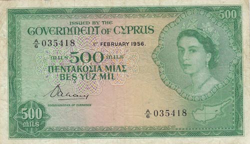 Cyprus, 500 Mils, 1956, VF,p34a