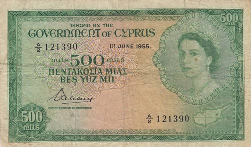 Cyprus, 500 Mils, 1955, FINE,p34a