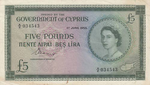Cyprus, 5 Pounds, 1955, XF,p36