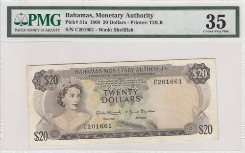 Bahamas, 20 Dollars, 1968, VF,p31a