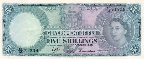 Fiji, 5 Shillings, 1965, AUNC,p51e
