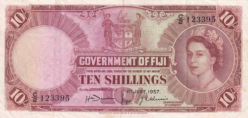 Fiji, 10 Shillings, 1957, XF,p52a