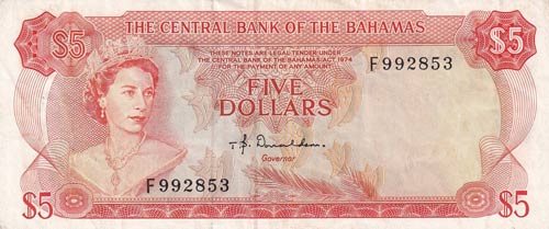 Bahamas, 5 Dollars, 1974, AUNC,p37a