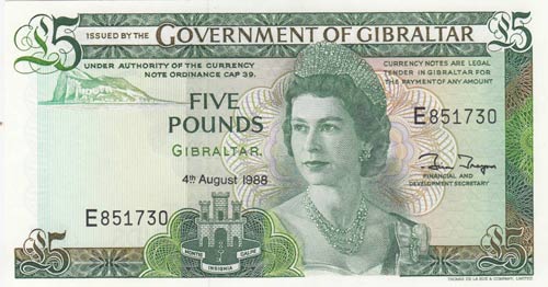 Gibraltar, 5 Pounds, 1988, UNC,p21b