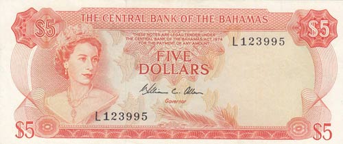 Bahamas, 5 Dollars, 1974, AUNC,p37b