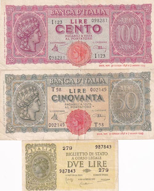 Italy, 2-50-100 Lire, 1944, VF(+), ... 