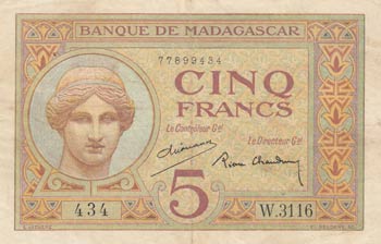 Madagascar, 5 Francs, 1937, XF, p35