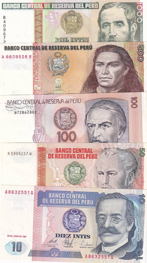 Peru, 10-50-100-500-1.000 Intis, ... 