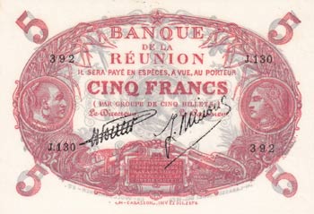 Reunion, 5 Francs, 1912/1944, UNC, ... 