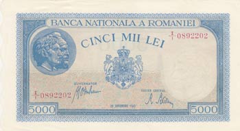 Romania, 5.000 Lei, 1943, UNC, p55