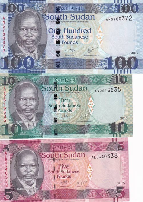 South Sudan, 5-10-100 Pounds, ... 