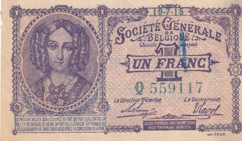 Belgium, 1 Franc, 1915, XF, p86a