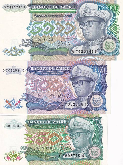 Zaire, 50-100-5.000 Zaires, 1988, ... 