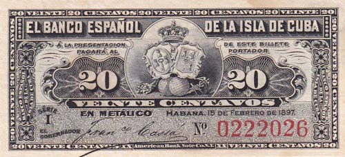 Cuba, 20 Centavos, 1897, UNC, p53a