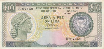Cyprus, 10 Pounds, 1987, VF, p51